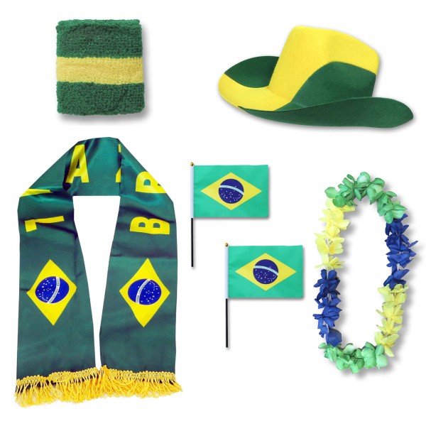 Fan-Paket &quot;Brasilien&quot; Brazil Brasil WM EM Fußball Schal Hawaiikette Hut Schweissband Fahne Flagge