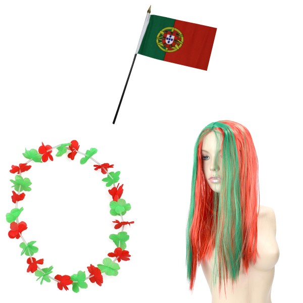 Fanset &quot;Portugal&quot; Blumenkette Fahne Flagge Perücke Langhaar