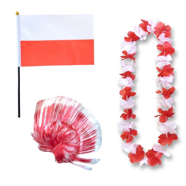 Fanset &quot;Polen&quot; Poland Polska Blumenkette Fahne Flagge Perücke Irokese