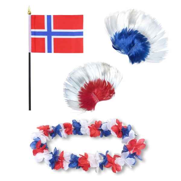 Fanset &quot;Norwegen&quot; Norway Blumenkette Fahne Flagge Perücke Irokese