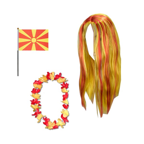 Fanset &quot;Nordmazedonien&quot; North Macedonia Blumenkette Fahne Flagge Perücke Langhaar