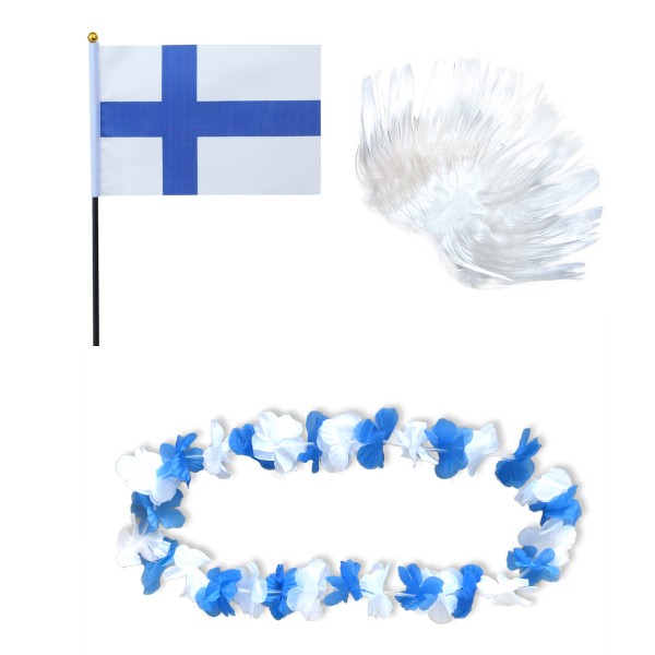 Fanset &quot;Finnland&quot; Blumenkette Fahne Flagge Perücke Irokese