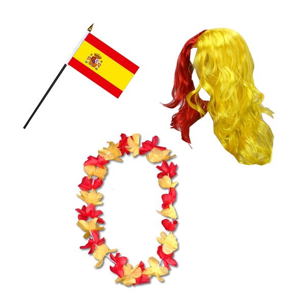 Fanset &quot;Spanien&quot; Spain Espana Blumenkette Fahne Flagge Perücke Langhaar-Locken