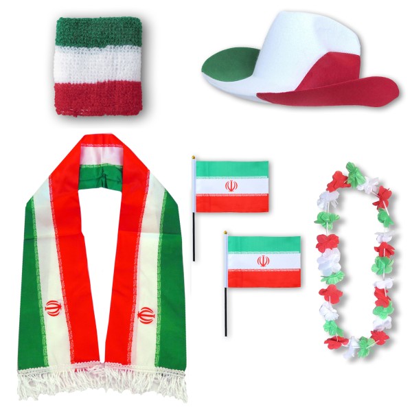 Fan-Paket &quot;Iran&quot; WM EM Fußball Schal Hawaiikette Hut Schweissband Fahne Flagge