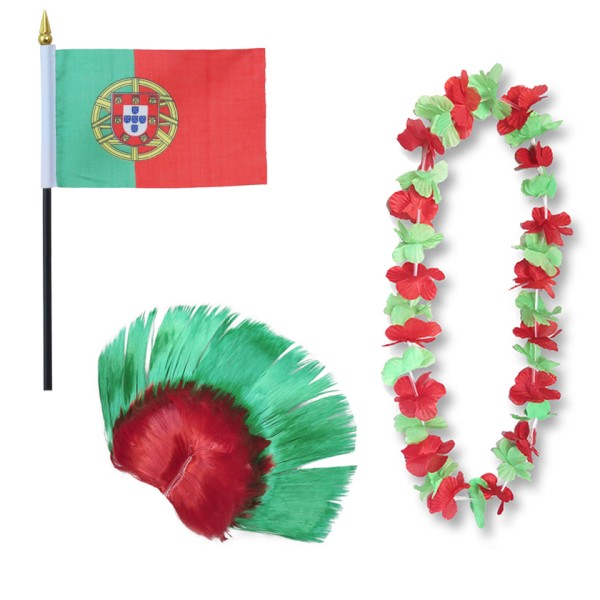 Fanset &quot;Portugal&quot; Blumenkette Fahne Flagge Perücke Irokese