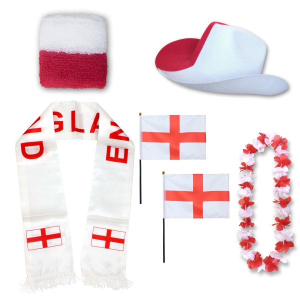 Fan-Paket &quot;England&quot; WM EM Fußball Schal Hawaiikette Hut Schweissband Fahne Flagge