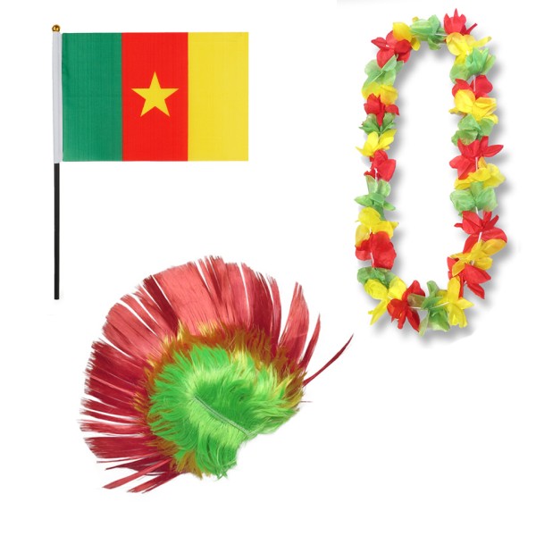 Fanset &quot;Kamerun&quot; Cameroon Blumenkette Fahne Flagge Perücke Irokese
