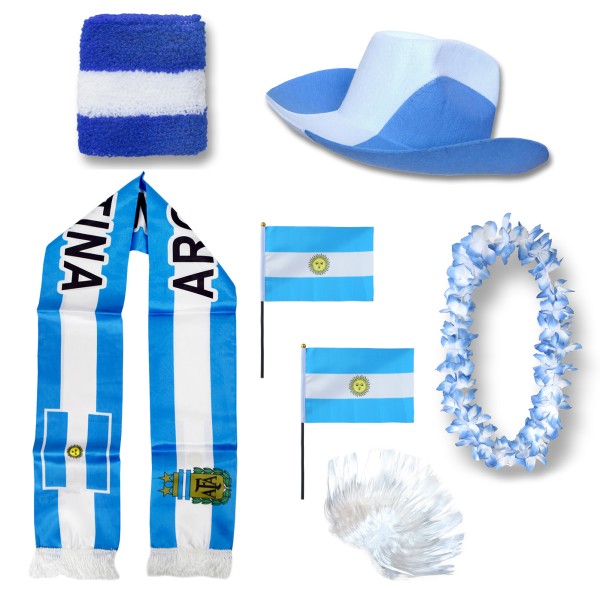 Fan-Paket &quot;Argentinien&quot; Argentina WM EM Fußball Schal Hawaiikette Hut Schweissband Fahne Iro Perücke