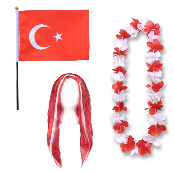 Fanset &quot;Türkei&quot; Turkey Türkiye Blumenkette Fahne Flagge Perücke Langhaar