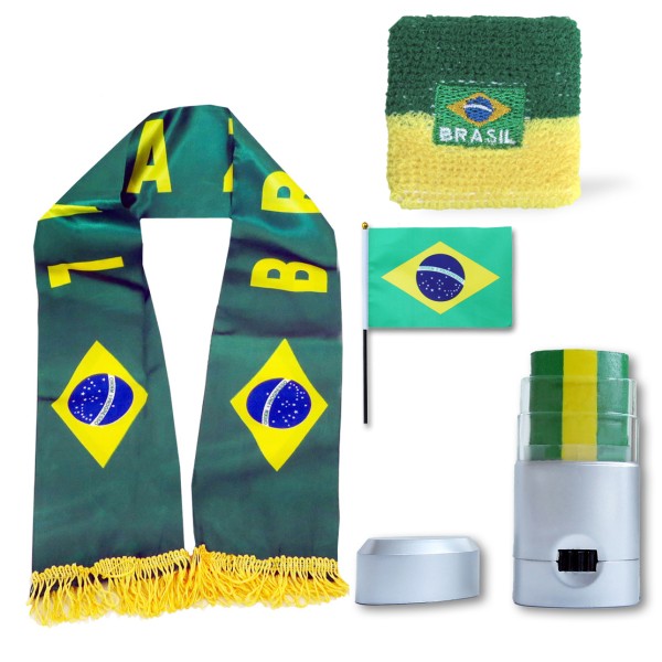 FAN PAKET EM &quot;Brasilien&quot; Brasil Brazil Fußball Schal Schminke Schweißband Mini Flagge