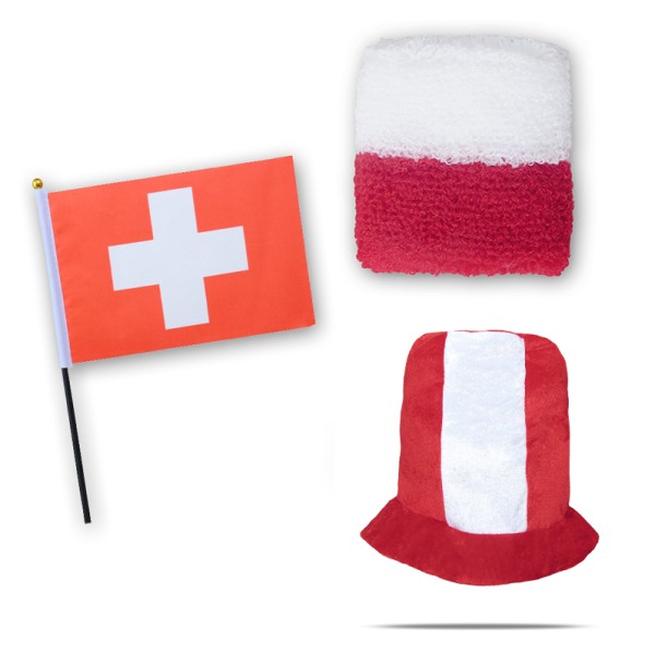 FANSET EM Fußball &quot;Schweiz&quot; Switzerland Zylinder Hut Schweißband Mini Flagge