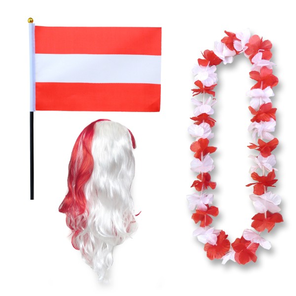 Fanset &quot;Österreich&quot; Austria Blumenkette Fahne Flagge Perücke Langhaar-Locken