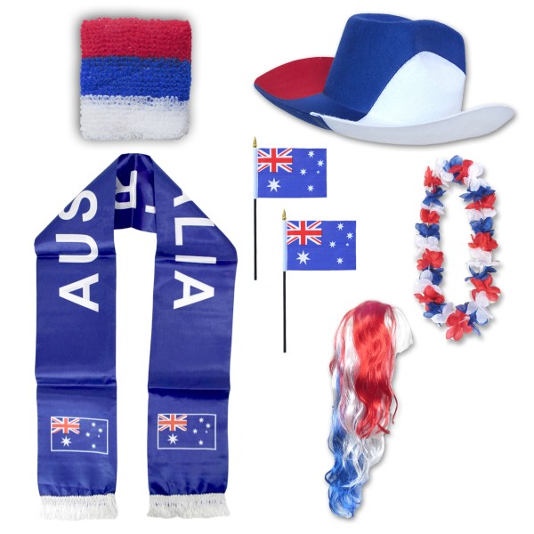 Fan-Paket &quot;Australien&quot; Australia WM EM Fußball Schal Hawaiikette Hut Schweissband Fahne Perücke