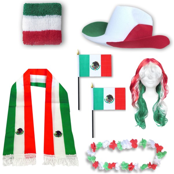 Fan-Paket &quot;Mexiko&quot; Mexico WM EM Fußball Schal Hawaiikette Hut Schweissband Fahne Perücke