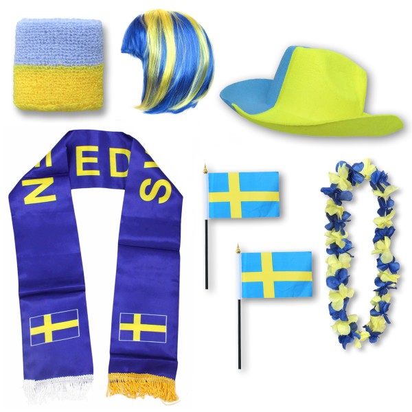 Fan-Paket &quot;Schweden&quot; Sweden WM EM Fußball Schal Hawaiikette Hut Schweissband Fahne Perücke