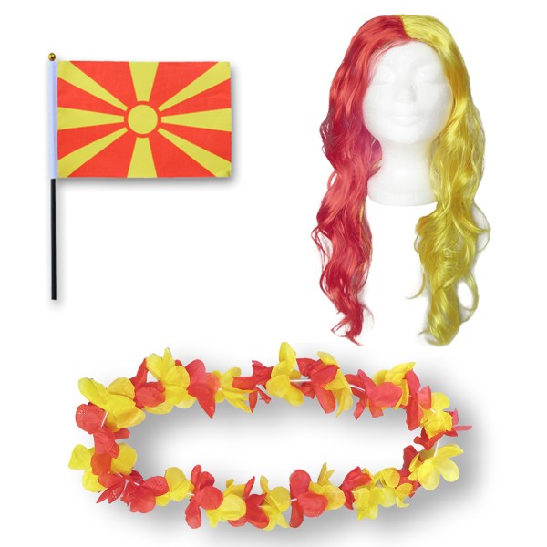 Fanset &quot;Nordmazedonien&quot; North Macedonia Blumenkette Fahne Flagge Perücke Langhaar-Locken