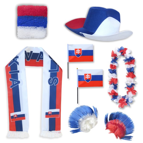 Fan-Paket &quot;Slowakei&quot; Slovakia WM EM Fußball Schal Hawaiikette Hut Schweissband Fahne Perücke