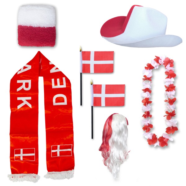Fan-Paket &quot;Dänemark&quot; Denmark Dansk WM EM Fußball Schal Hawaiikette Hut Schweissband Fahne Perücke