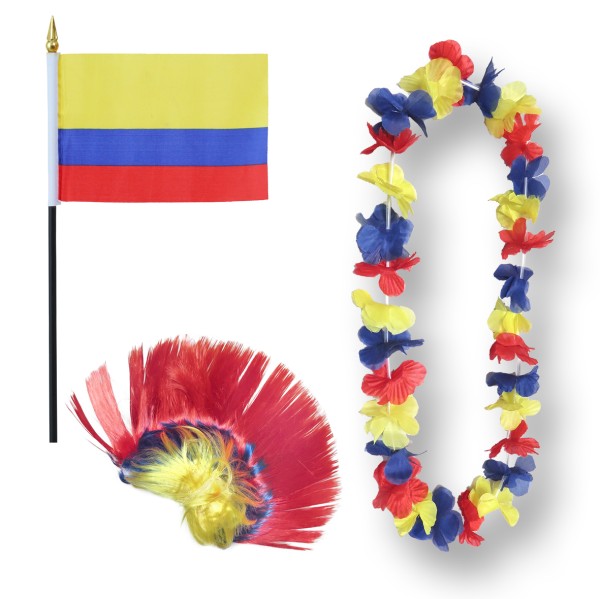 Fanset &quot;Kolumbien&quot; Colombia Blumenkette Fahne Flagge Perücke Irokese