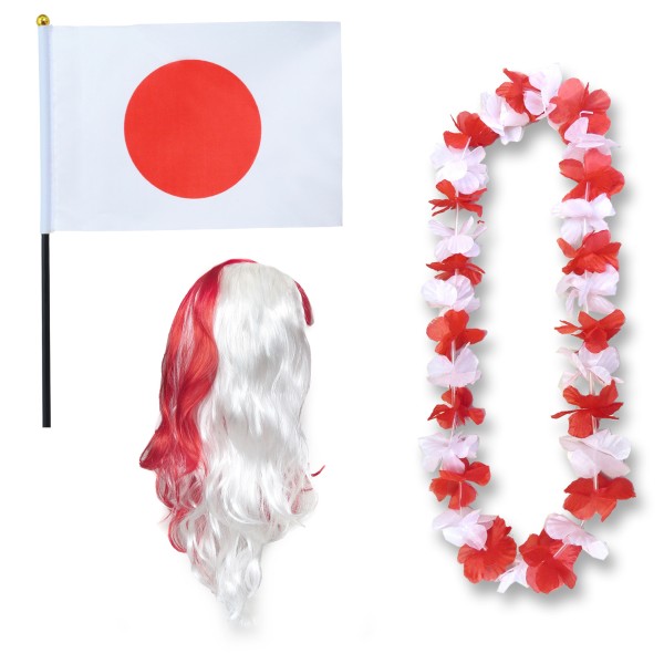Fanset &quot;Japan&quot; Blumenkette Fahne Flagge Perücke Langhaar-Locken