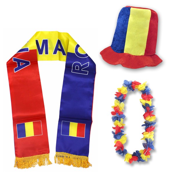 Fan-Paket &quot;Rumänien&quot; Romania Amerika WM EM Fußball Schal Hawaiikette Hut Fanartikel