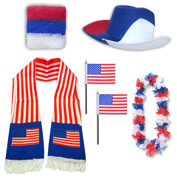 Fan-Paket &quot;USA&quot; United States Amerika America WM EM Fußball Schal Hawaiikette Hut Schweissband Fahne