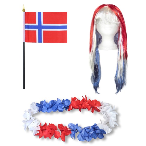Fanset &quot;Norwegen&quot; Norway Blumenkette Fahne Flagge Perücke Langhaar