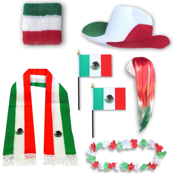 Fan-Paket &quot;Mexiko&quot; Mexico WM EM Fußball Schal Hawaiikette Hut Schweissband Fahne Perücke