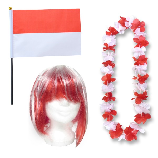 Fanset &quot;Indonesien&quot; Indonesia Blumenkette Fahne Flagge Perücke Bob