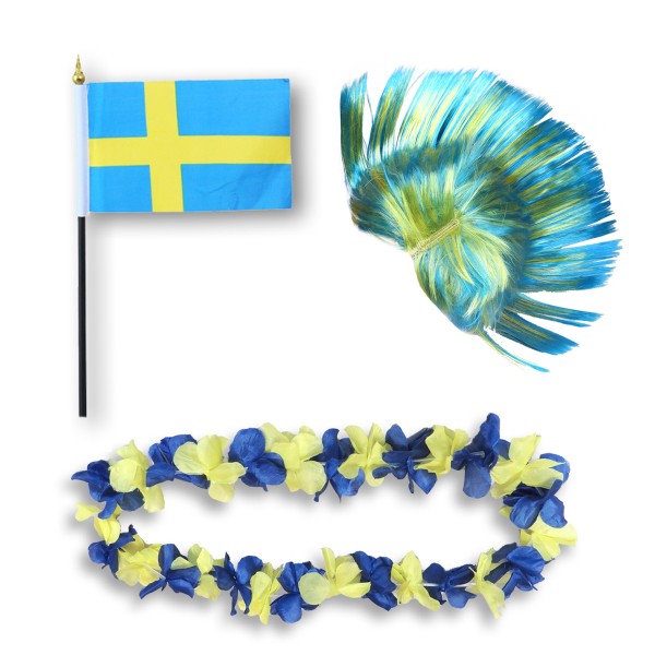 Fanset &quot;Schweden&quot; Sweden Blumenkette Fahne Flagge Perücke Irokese