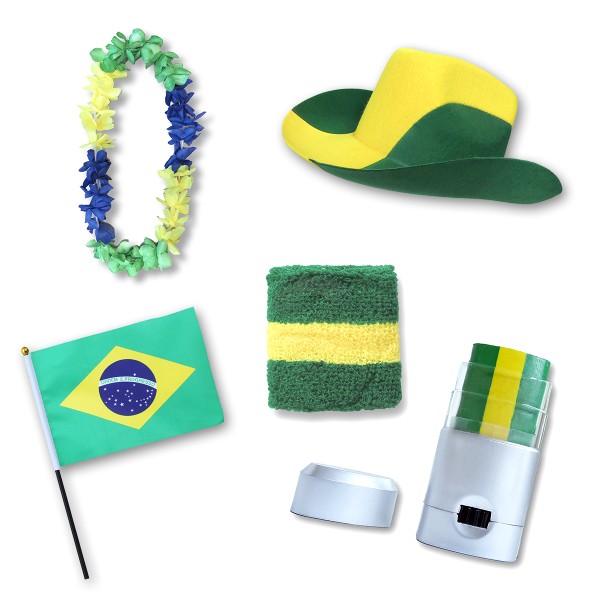 Fan-Paket EM &quot;Brasilien&quot; Brazil Brasil Fußball Hut Kette Schminke Schweißband Flagge