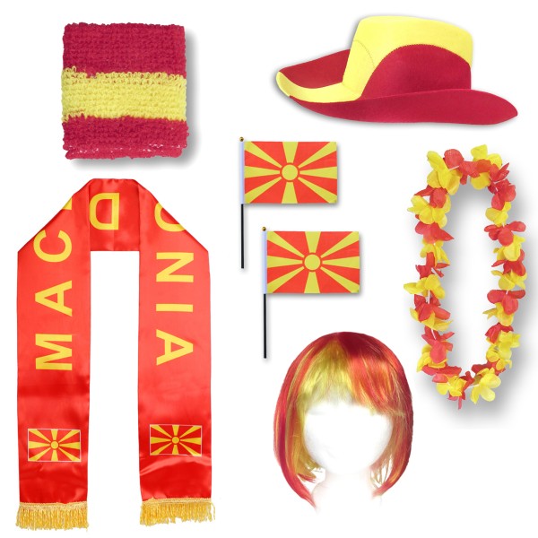 Fan-Paket &quot;Nordmazedonien&quot; North Macedonia WM EM Fußball Schal Hawaiikette Hut Schweissband Fahne