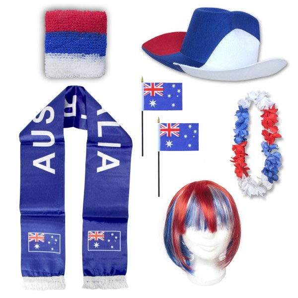 Fan-Paket &quot;Australien&quot; Australia WM EM Fußball Schal Hawaiikette Hut Schweissband Fahne Perücke