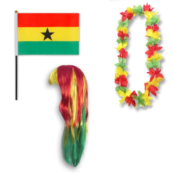 Fanset &quot;Ghana&quot; Blumenkette Fahne Flagge Perücke Langhaar