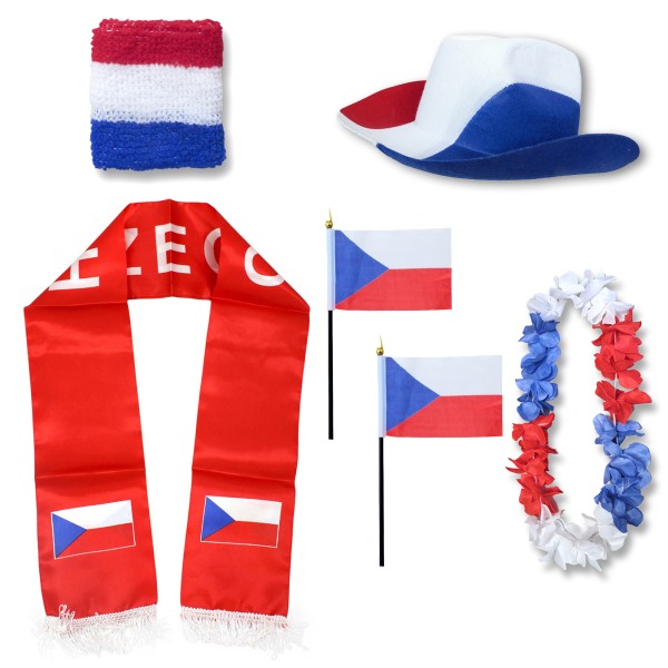 Fan-Paket &quot;Tschechien&quot; Czech Republic WM EM Fußball Schal Hawaiikette Hut Schweissband Fahne Flagge