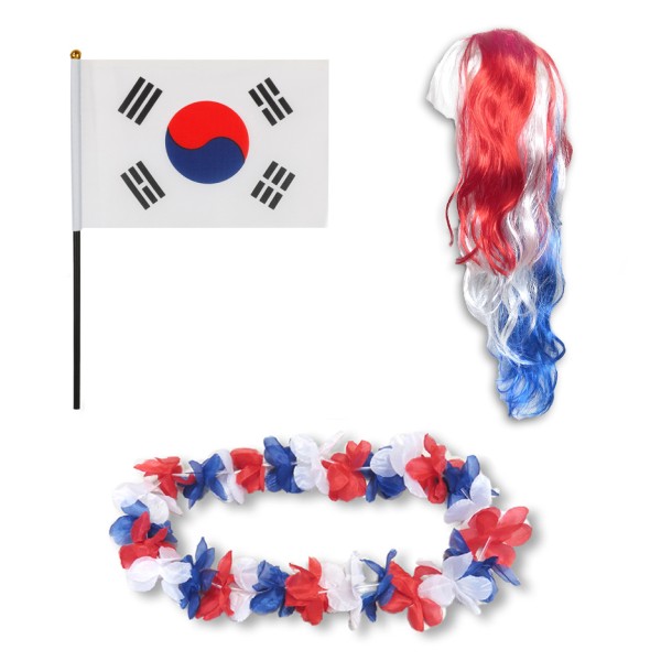 Fanset &quot;Südkorea&quot; South Korea Blumenkette Fahne Flagge Perücke Langhaar-Locken