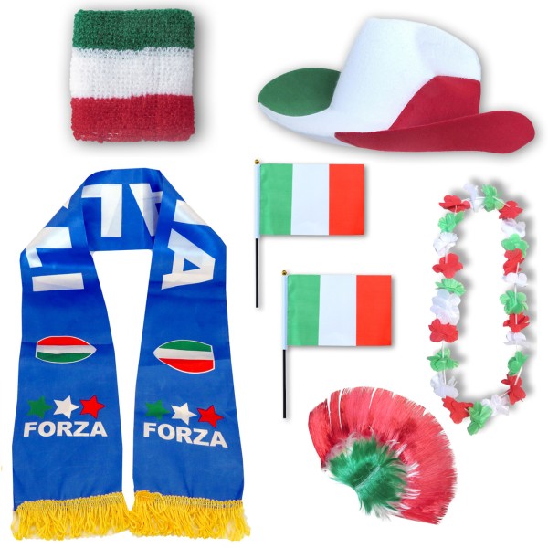 Fan-Paket &quot;Italien&quot; Italy Italia WM EM Fußball Schal Hawaiikette Hut Schweissband Fahne Perücke