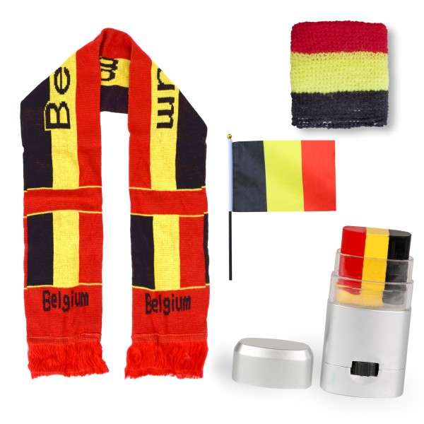 FAN PAKET EM &quot;Belgien&quot; Belgium Fußball Schal Schminke Schweißband Mini Flagge