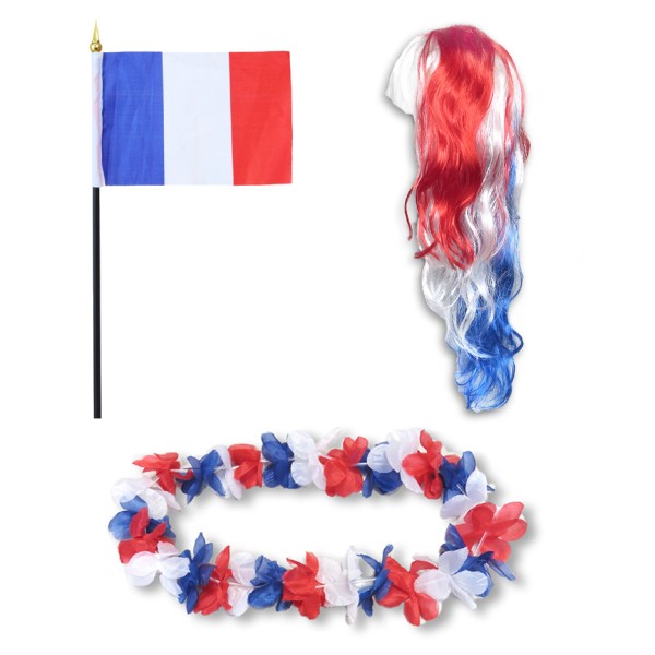 Fanset &quot;Frankreich&quot; France Blumenkette Fahne Flagge Perücke Langhaar-Locken