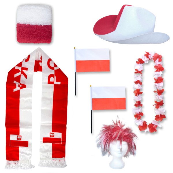 Fan-Paket &quot;Polen&quot; Poland Polska WM EM Fußball Schal Hawaiikette Hut Schweissband Fahne Perücke