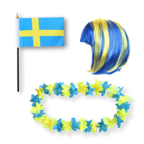 Fanset &quot;Schweden&quot; Sweden Blumenkette Fahne Flagge Perücke Bob