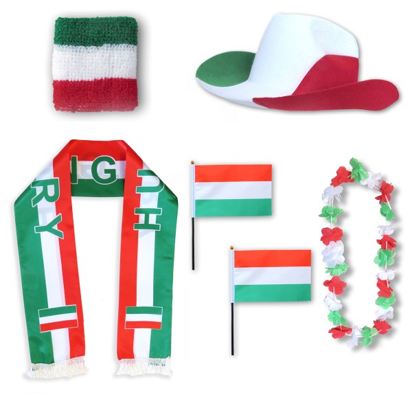 Fan-Paket &quot;Ungarn&quot; Hungary WM EM Fußball Schal Hawaiikette Hut Schweissband Fahne Flagge