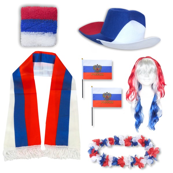 Fan-Paket &quot;Russland&quot; Russia WM EM Fußball Schal Hawaiikette Hut Schweissband Fahne Perücke