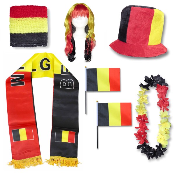 Fan-Paket &quot;Belgien&quot; Belgium WM EM Fußball Schal Hawaiikette Hut Schweissband Fahne Perücke