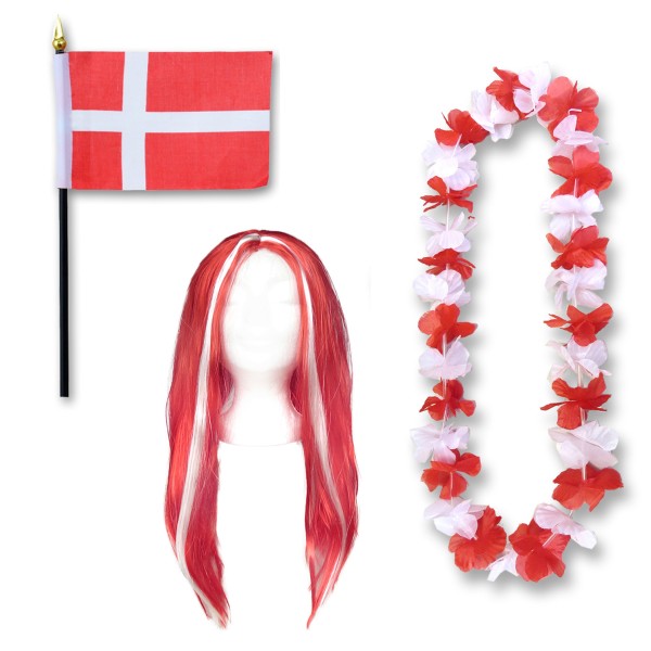 Fanset &quot;Dänemark&quot; Denmark Dansk Blumenkette Fahne Flagge Perücke Langhaar