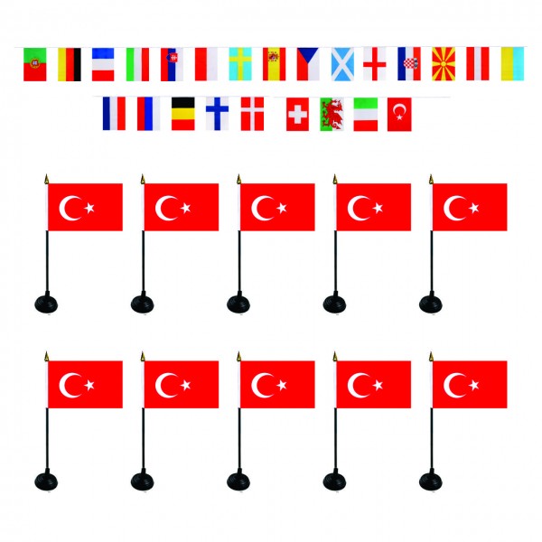 FANSET EM &quot;Türkei&quot; Turkey Fußball Teilnehmer Girlande 10x Mini Handflaggen und Halter