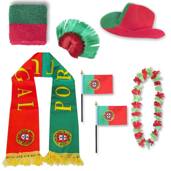 Fan-Paket &quot;Portugal&quot; WM EM Fußball Schal Hawaiikette Hut Schweissband Fahne Perücke