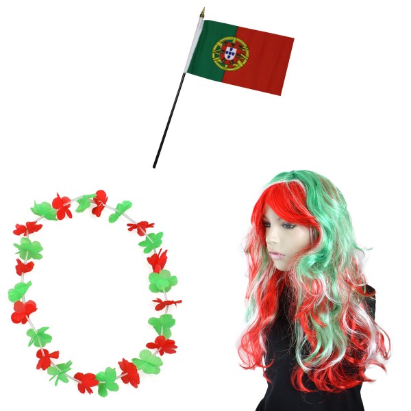 Fanset &quot;Portugal&quot; Blumenkette Fahne Flagge Perücke Langhaar-Locken