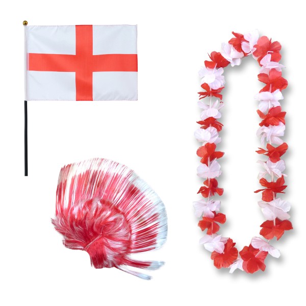 Fanset &quot;England&quot; Blumenkette Fahne Flagge Perücke Irokese