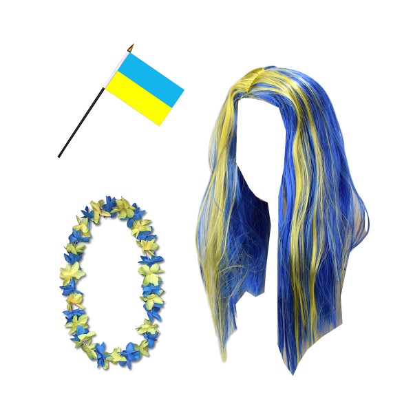 Fanset &quot;Ukraine&quot; Blumenkette Fahne Flagge Perücke Langhaar